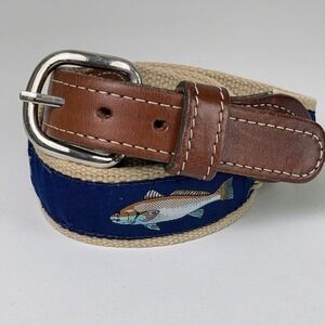 VTG Mens Trout Needlepoint Belt Sz 32 Canvas Leather Solid Brass Buckle Fishing